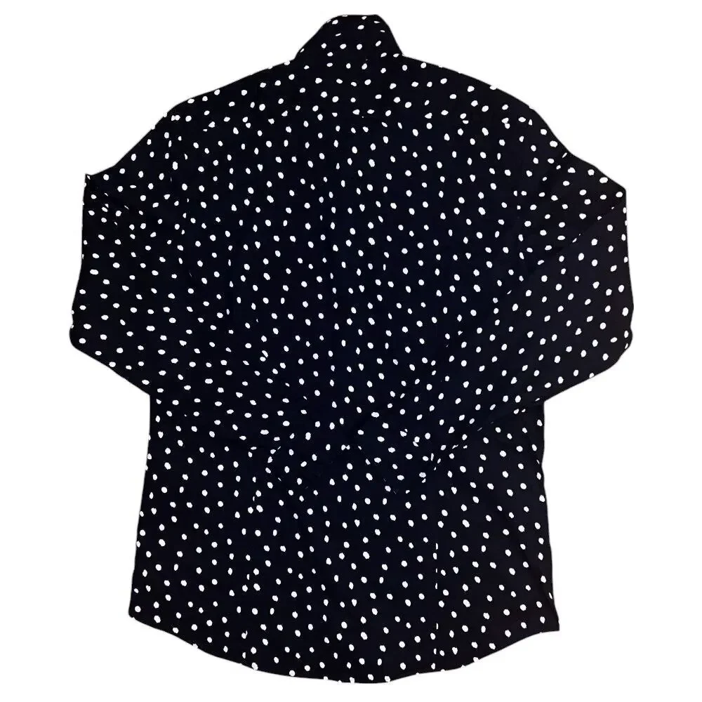 Michael Kors Trim Stretch Navy Blue & White Polka Dot Button Down Shirt Large